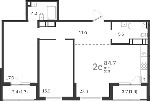 3-комн., 81.1 м², 23/24 этаж, ЖК «Все Свои VIP»