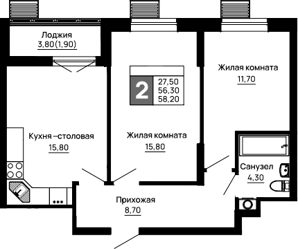 2-комн., 56.3 м², 13/16 этаж, ЖК «Традиции»