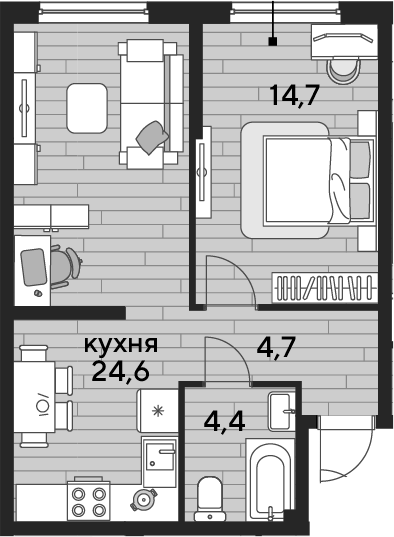 1-комн., 48.4 м², 2/16 этаж, ЖК «DОГМА ПАРК»