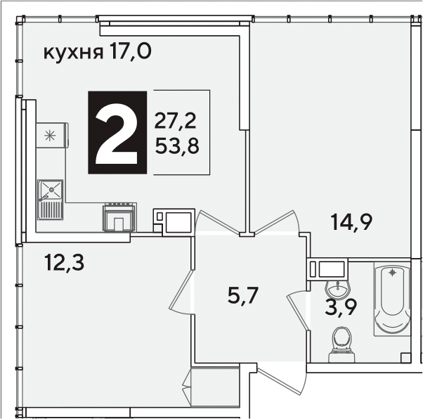 3-комн., 53.8 м², 16/16 этаж, ЖК «Самолет»