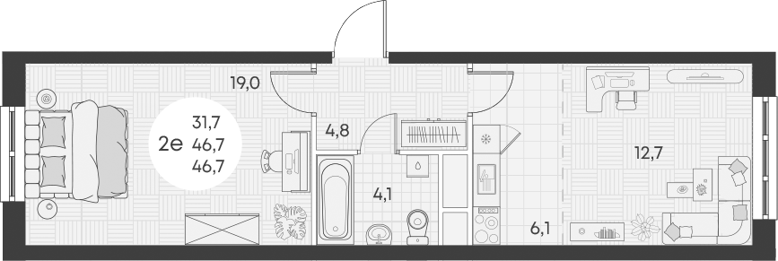 2-комн., 46.7 м², 4/15 этаж, ЖК «Грин Эппл»