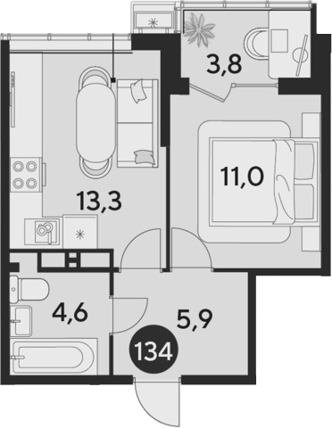 2-комн., 34.8 м², 15/16 этаж, ЖК «Парк Победы»
