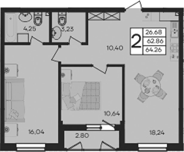 Продается 2-комн. квартира, 62.86 м²