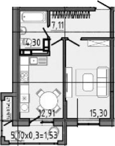 1-комн., 45.55 м², 1/16 этаж, ЖК «Спутник»