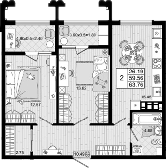2-комн., 59.56 м², 8/8 этаж, ЖК «Резиденция морей»