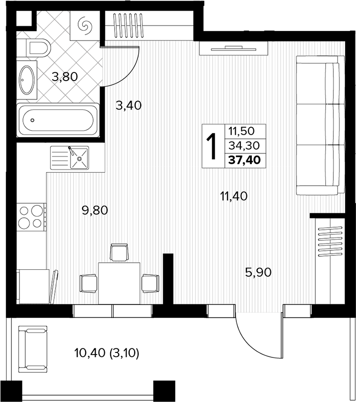1-комн., 34.3 м², 1/6 этаж, ЖК «Кипарис»