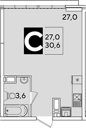 Студия, 30.6 м², 16/16 этаж, ЖК «Самолет»