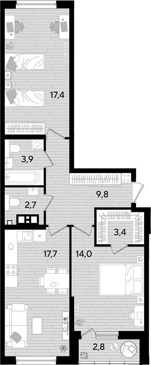2-комн., 68.9 м², 9/16 этаж, ЖК «DОГМА ПАРК»