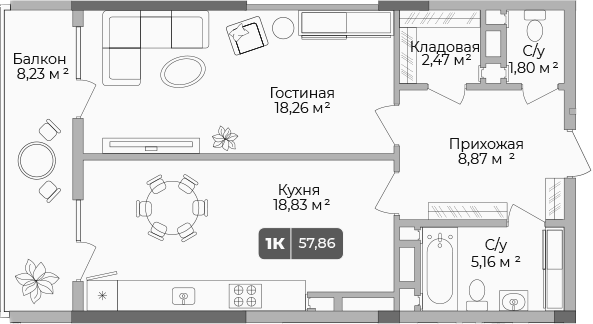 1-комн., 55.39 м², 16/17 этаж, ЖК «Золотой берег. СЗ Среда»