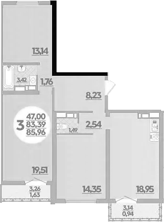 3-комн., 83.39 м², 7/16 этаж, ЖК «Город у моря»