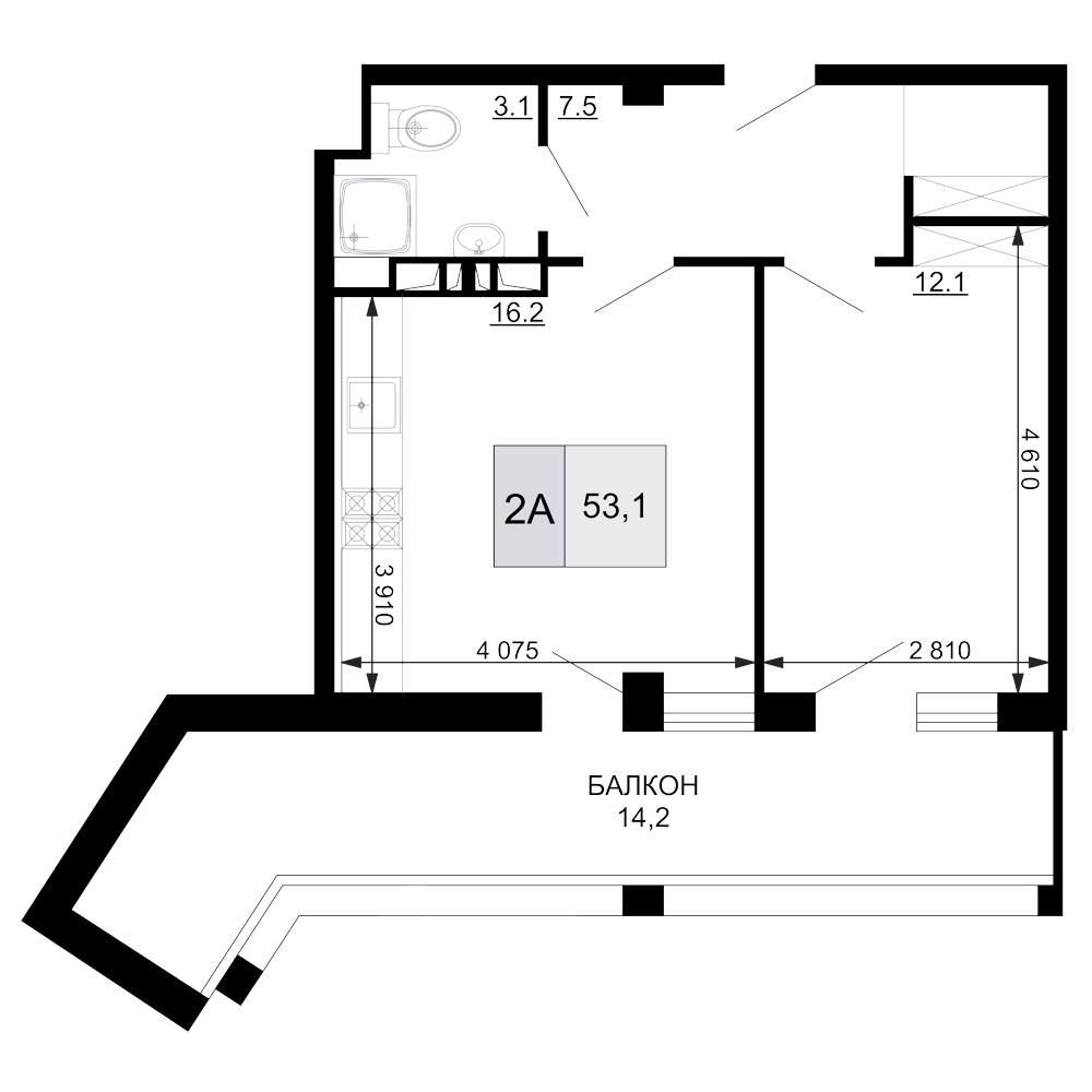 2-комн., 38.9 м², 2/9 этаж, ЖК «Гостиничный комплекс Мореград»