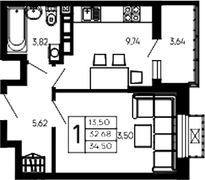 1-комн., 32.68 м², 14/14 этаж, ЖК «Эпос»