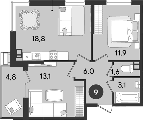 3-комн., 54.5 м², 6/16 этаж, ЖК «Парк Победы»