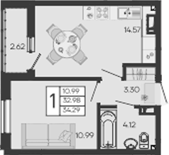 1-комн., 32.98 м², 3/9 этаж, ЖК «Дом 101»