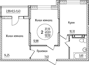 2-комн., 49.07 м², 13/16 этаж, ЖК «Друг»