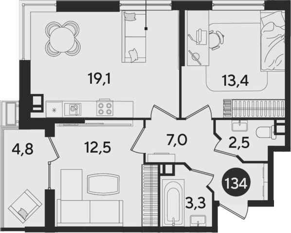 3-комн., 57.8 м², 8/9 этаж, ЖК «Парк Победы»