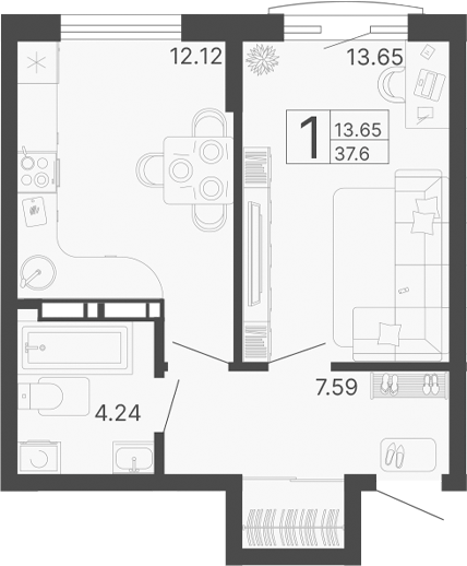 1-комн., 37.6 м², 6/20 этаж, ЖК «Светский лес»