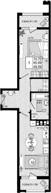 1-комн., 45.69 м², 5/8 этаж, ЖК «Резиденция морей»