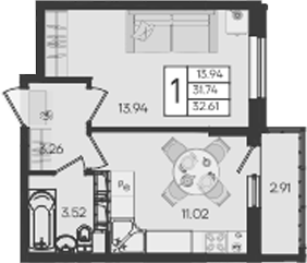 1-комн., 31.74 м², 6/18 этаж, ЖК «Дом 101»