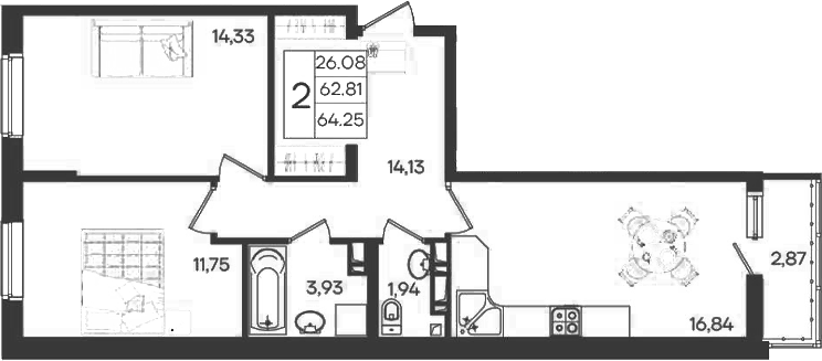 2-комн., 62.81 м², 9/9 этаж, ЖК «Дом 101»