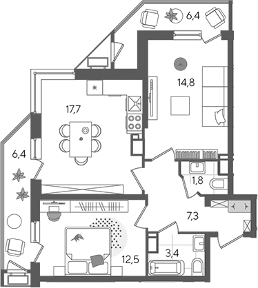 3-комн., 57.5 м², 14/24 этаж, ЖК «Рекорд»