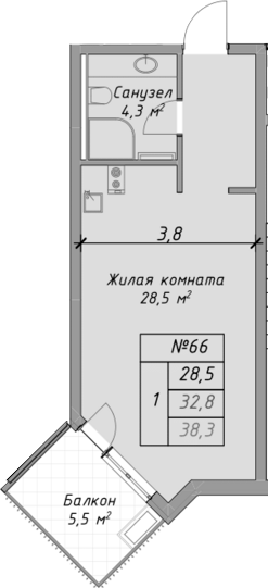 Студия, 32.8 м², 4/4 этаж, ЖК «Оазис Азова»