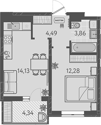 1-комн., 34.76 м², 15/18 этаж, ЖК «Теплые края»