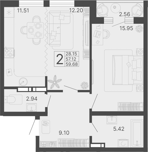 2-комн., 57.12 м², 6/17 этаж, ЖК «Светский лес»