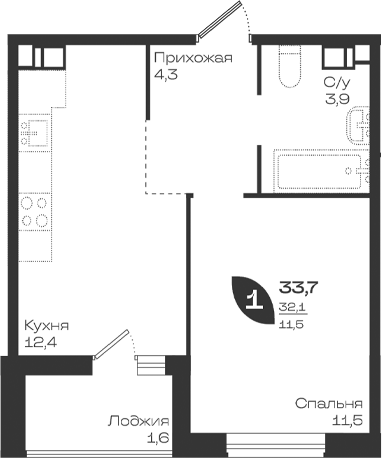 1-комн., 32.1 м², 11/18 этаж, ЖК «Ботаника»