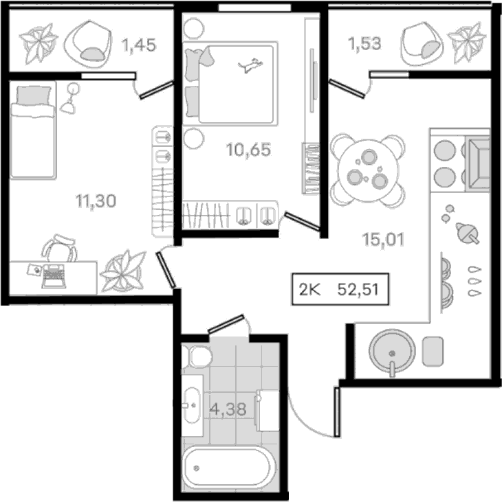 2-комн., 51.06 м², 1/8 этаж, ЖК «История 3»