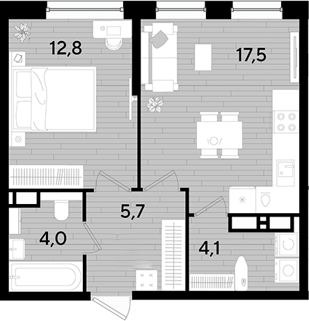 1-комн., 44.1 м², 12/16 этаж, ЖК «DОГМА ПАРК»
