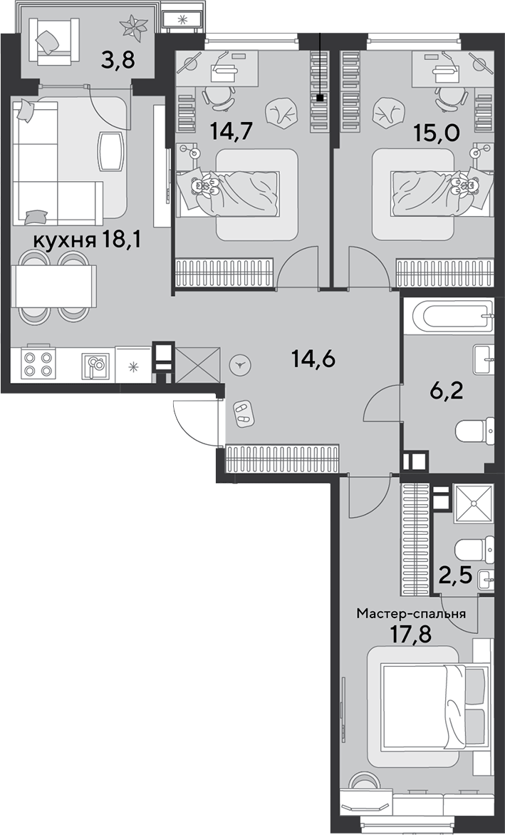 4+ комнаты, 88.9 м², 3/9 этаж, ЖК «Парк Победы»