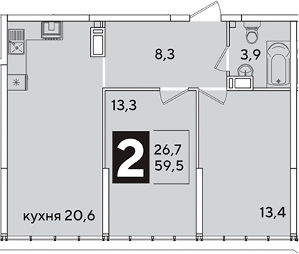 3-комн., 59.5 м², 16/16 этаж, ЖК «Самолет»