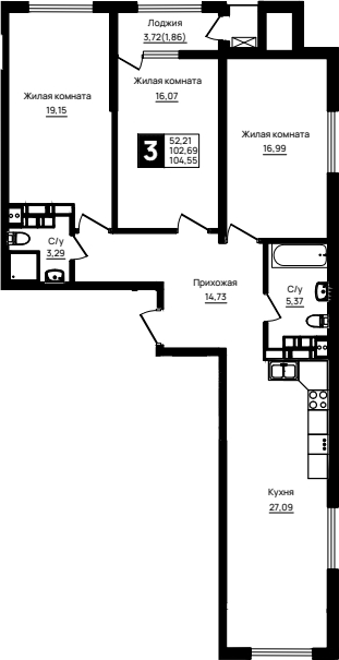 3-комн., 102.69 м², 18/18 этаж, ЖК «Резиденция морей»