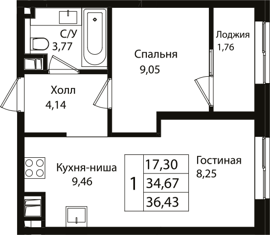 Продается 2-комн. квартира, 34.45 м²