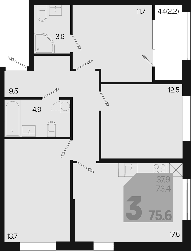 3-комн., 73.4 м², 2/9 этаж, ЖК «Первое место»