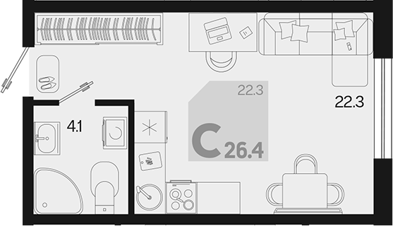 Студия, 26.4 м², 2/9 этаж, ЖК «Первое место»