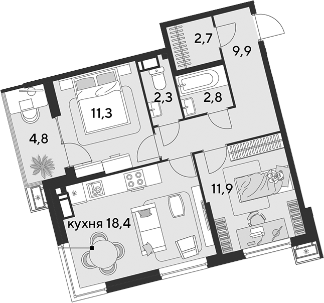 3-комн., 59.3 м², 14/18 этаж, ЖК «Парк Победы»
