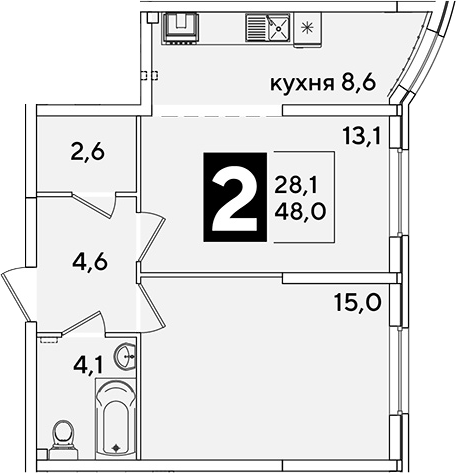 2-комн., 48 м², 2/16 этаж, ЖК «Самолет»