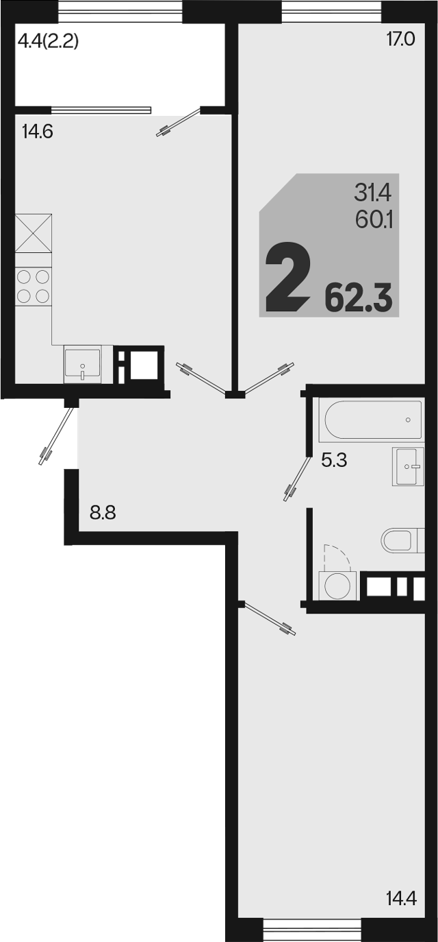 2-комн., 60.1 м², 9/9 этаж, ЖК «Первое место»