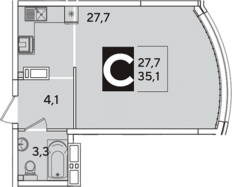 Студия, 35.1 м², 10/16 этаж, ЖК «Самолет»