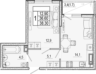 1-комн., 36.6 м², 11/17 этаж, ЖК «Лестория»