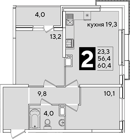 3-комн., 56.4 м², 11/16 этаж, ЖК «Самолет»