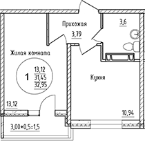 1-комн., 31.45 м², 6/16 этаж, ЖК «Друг»
