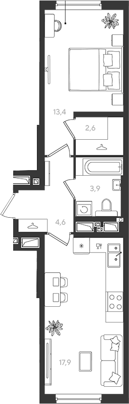 1-комн., 42.4 м², 11/18 этаж, ЖК «Самолет»