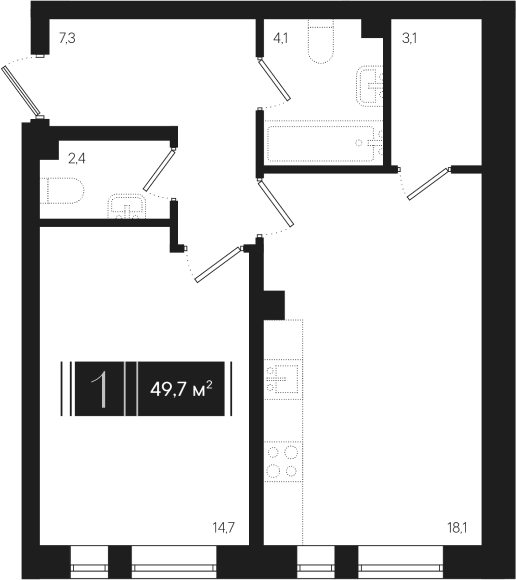 1-комн., 49.7 м², 2/18 этаж, ЖК «Эрмитаж»