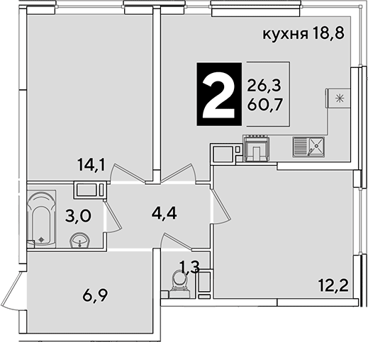3-комн., 60.7 м², 11/16 этаж, ЖК «Самолет»