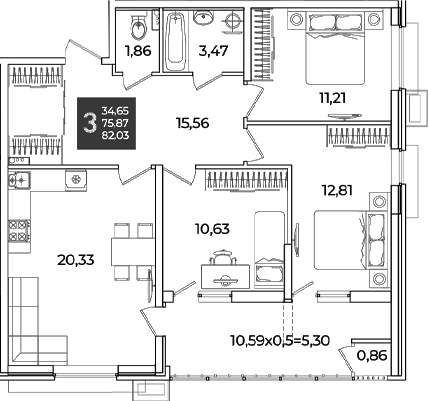 3-комн., 75.87 м², 2/18 этаж, ЖК «Образцово»