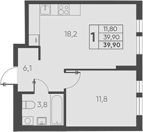 1-комн., 39.9 м², 6/15 этаж, ЖК «Барса»