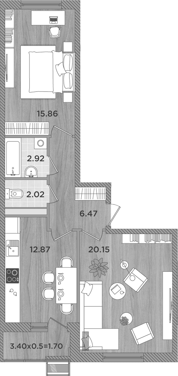 2-комн., 60.29 м², 3/8 этаж, ЖК «Сады у моря»